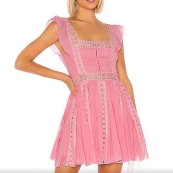 Free People Verona Lace Crochet, Cotton Mini Dress - Pink - Size Small - Picture 2 of 13